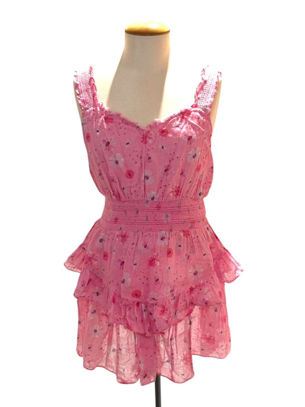 LOVESHACKFANCY pink floral tiered lightweight dress - size small
